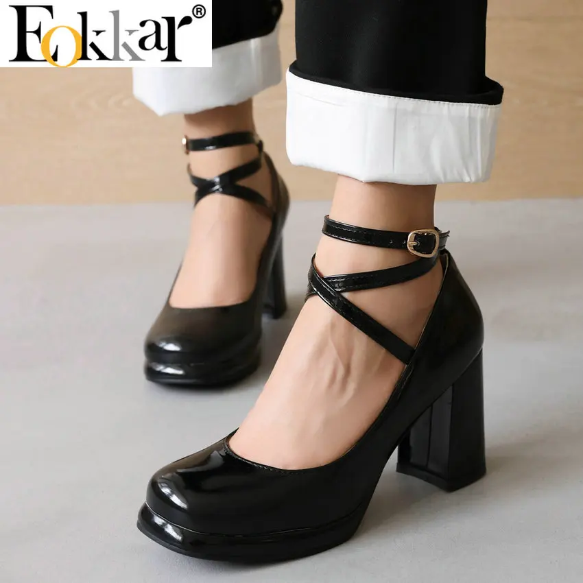 

Eokkar 2022 Patent Leather Square Toe Block Heel Ankle Strap Pumps for Women Platform Chunky High Heel Cross Strap Pumps Elegant