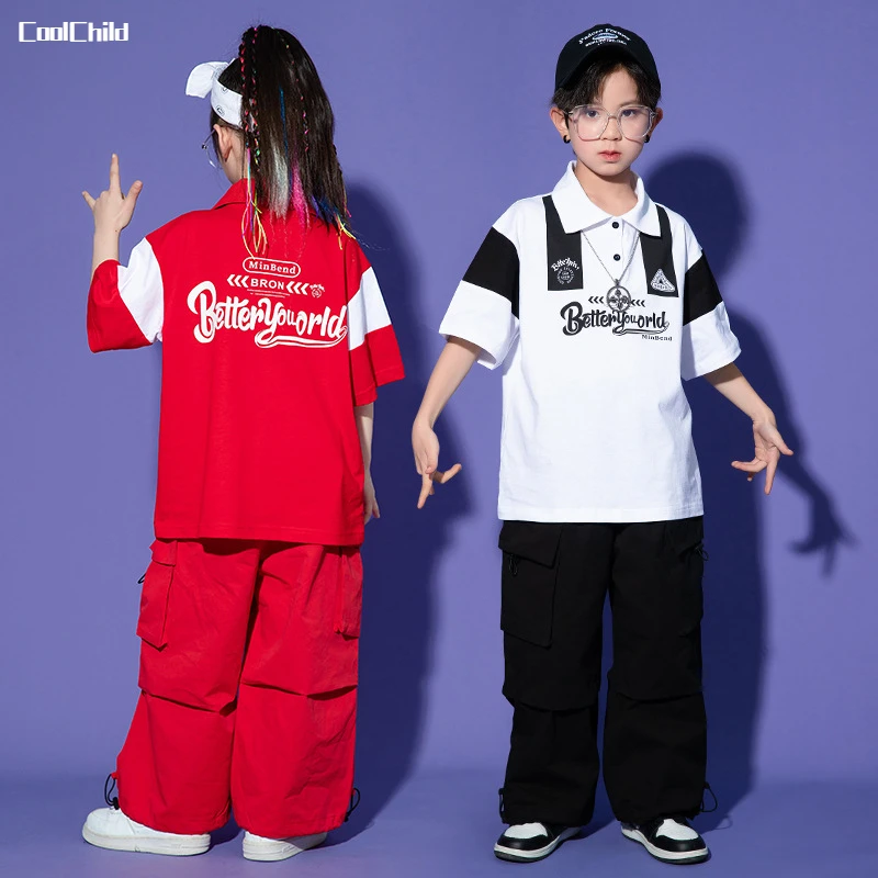 

Boys Hip Hop Polo Shirt Solid Cargo Pants Girls T-shirt Street Dance Joggers Child Sport Uniforms Clothes Sets Kids Jazz Costume