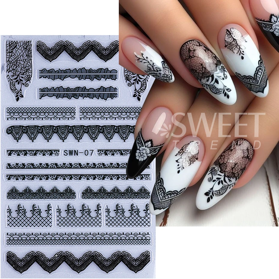 2pcs Lace Nail Stickers Black White Charm Lace Florals Simple Line Design Nail Decals Elegant Wedding Slider Manicure Decoration