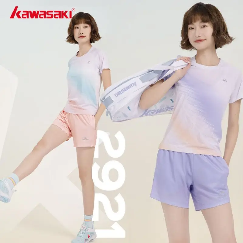 Kawasaki Badminton Clothing 24 Women Short Sleeve Suit T-shirt Sweat-Absorbent Quick-Drying Top Shorts Suit