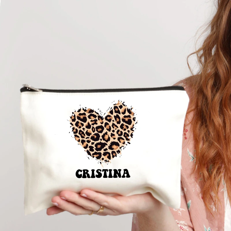 Heart Leopard Pattern Name Customization White Makeup Bag Canvas Wash Bag Organizer Fashion Travel Lipstick Storage Bags Wallet 4