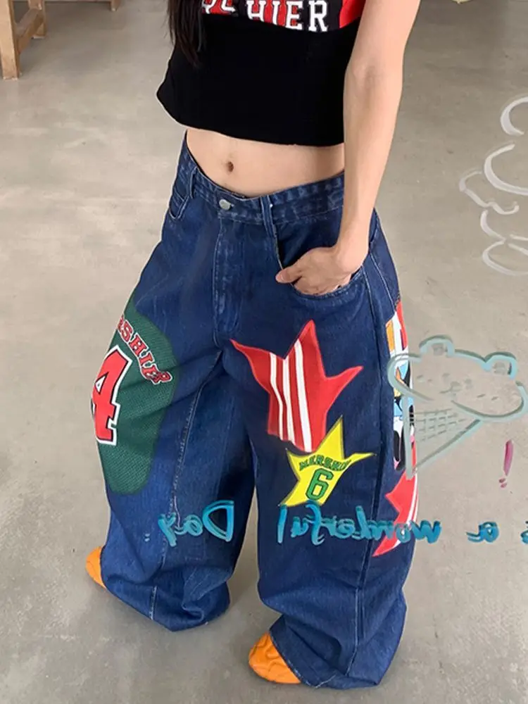 American Style Jeans Big Size Heavy Sticker Fabric Wide Leg Mopping High Waisted Jeans Men and Women Trendy Hip Hop Gothic Pants