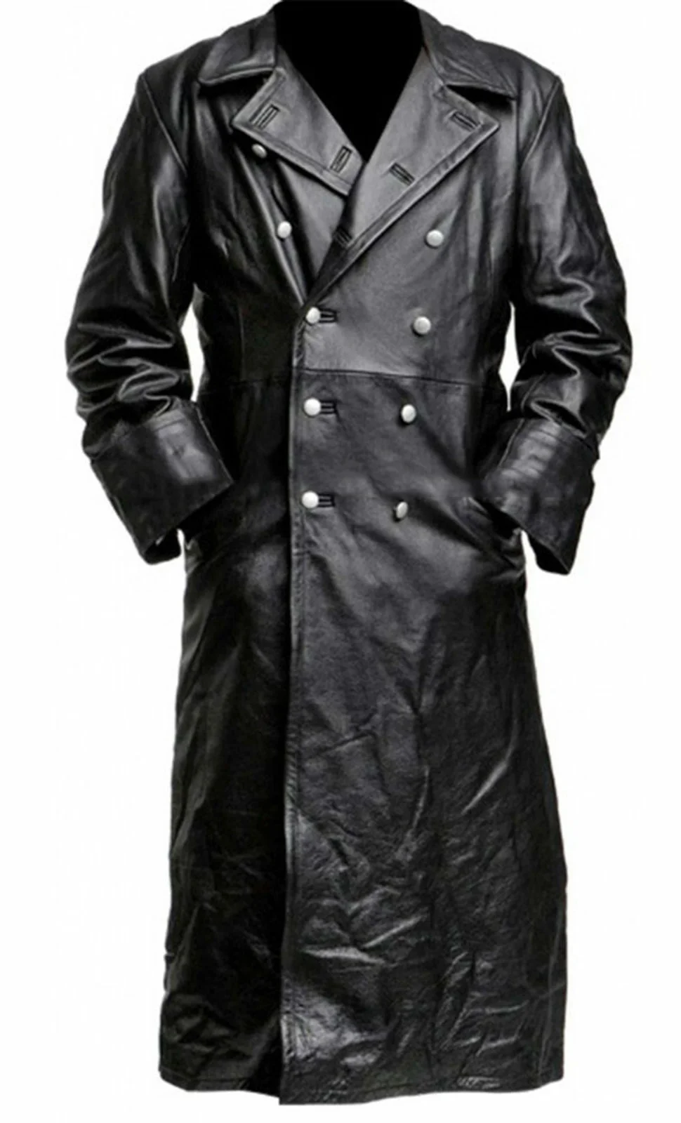 MEN'S GERMAN CLASSIC WW2 MILITARY UNIFORM OFFICER BLACK REAL LEATHER TRENCH COAT 3