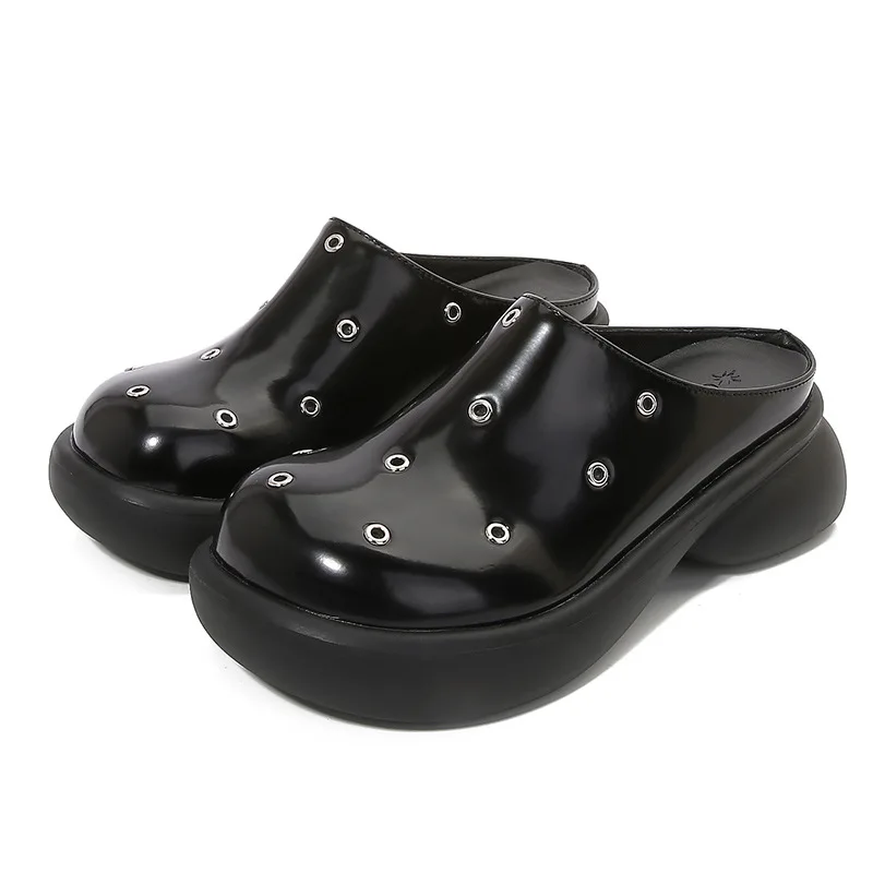

Punk Style Bag Head Metal Rivet Muller Slippers British Style Special-Shaped Heel Half Slippers Thick-Soled Versatile Loafers