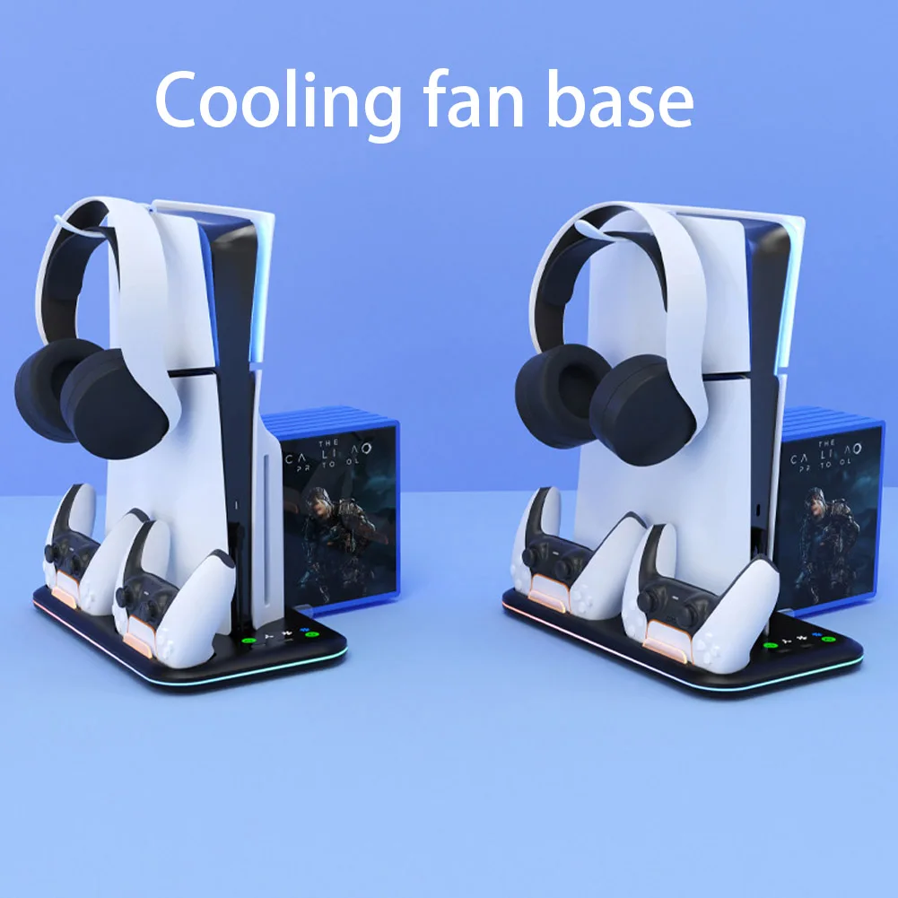 For PS5 Slim Console Cooling Stand Controller Charging Dock with Headset Hook USB HUB for Playstation 5 SlimDisc&Digital Edition