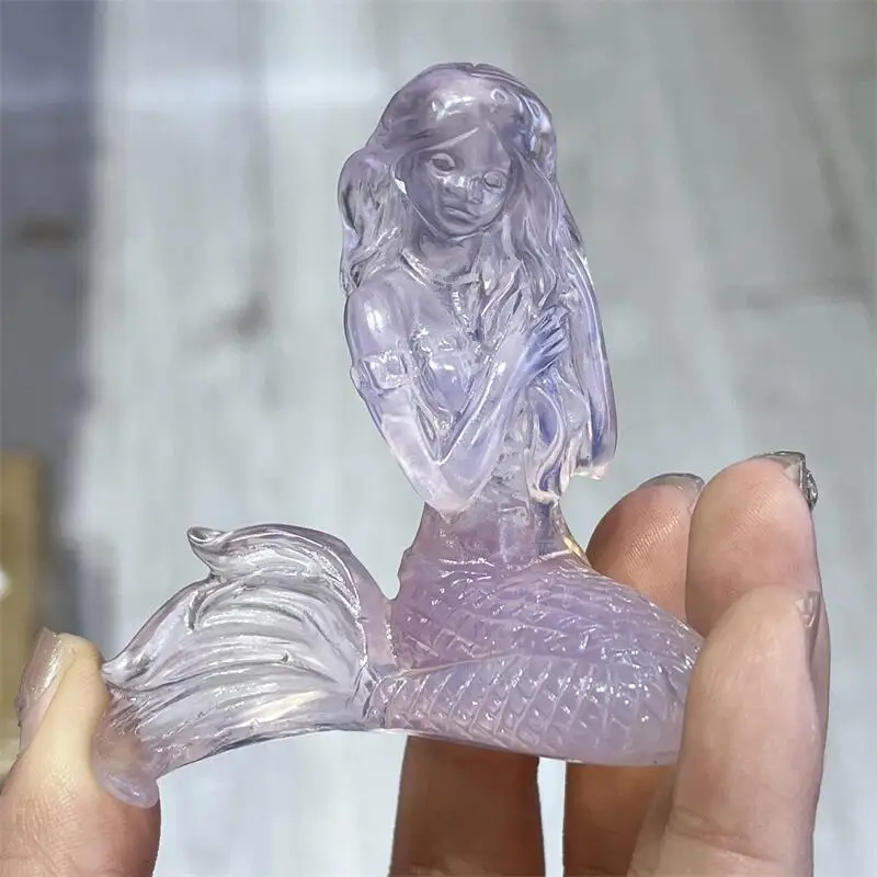 High Quality Pink Opalite Mermaid Carving Animal Crafts Healing Crystal Stone Feng Shui Home Decoration Gift 1PCS 5
