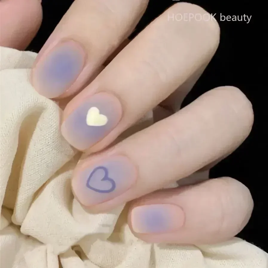 

24pcs Blue Heart Coffin False Nails Full Coverage Waterproof Fake Nails Art Seamless Removable Press on Nail with Accessories