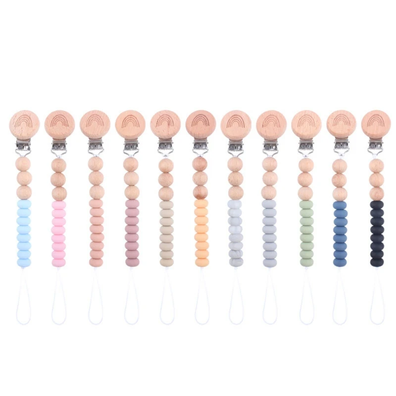 

Baby Pacifier Clip Colorful Flat Silicone Beads Wooden Teething Chain Infant Soother Nipple Clamp Dummy Holder Teether Chew Toys