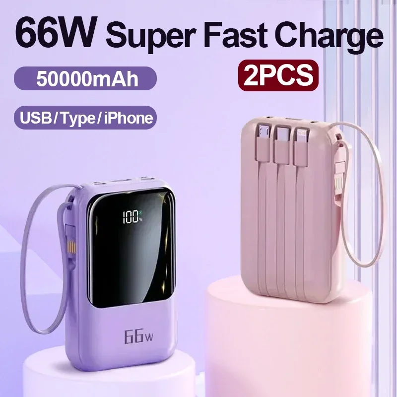 

2PCS 50000mAh Power Supply With Built-In Cable 66W Super Fast Charging Power Bank Waterproof Portable Mobile Phone Accessories