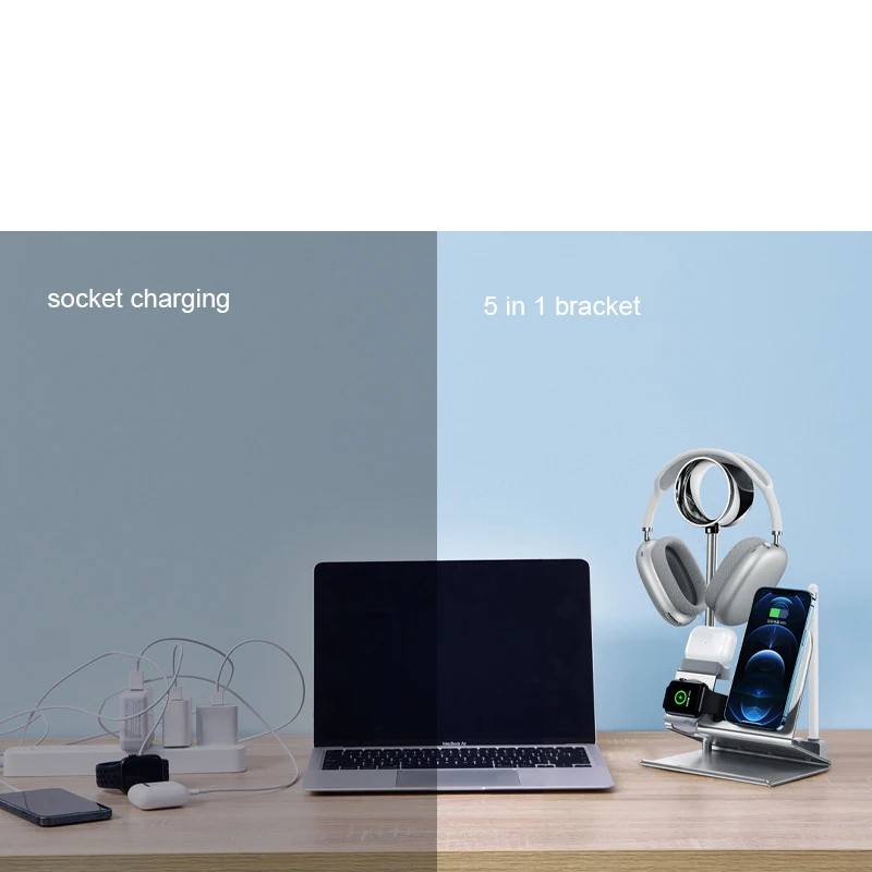 5IN1 Wireless Charging Base Stand For Watch Airpods Pro Charging Storage Multifunctional Accessory Metal Headphone Holder Stand