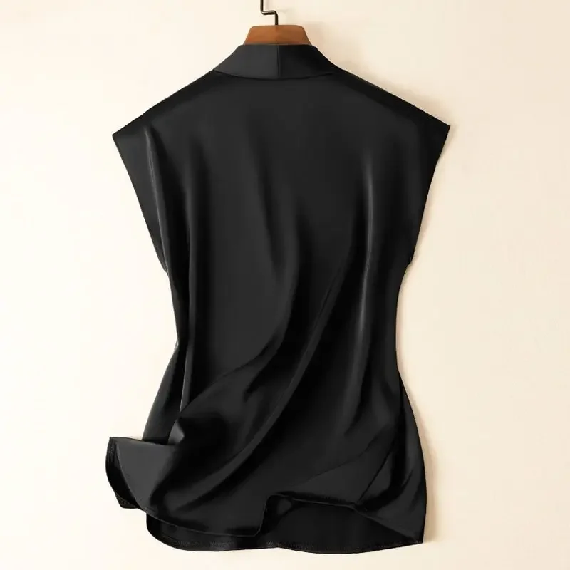 Black Silk Rayon V-Neck Pullover Sleeveless Casual Chic Women's Blouse Shirt Korean Fashion Female Clothing 2025 Summer