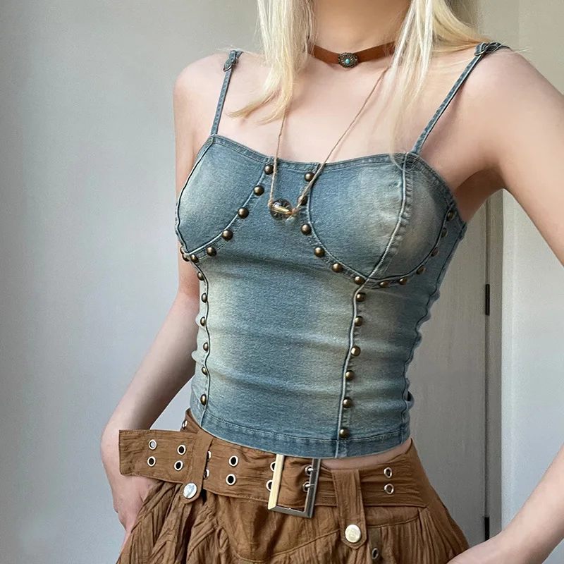 

y2k Rivet Patchwork Denim Corset Crop Top Women Vintage Stitch Sexy Sleeveless Tank Tops Fairycore tie-dye Cargo Camis
