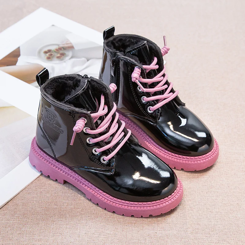 Mädchen-Stiefel, Schnür-Winter-Stiefeletten für kleine Mädchen, Plüsch-Schneestiefel, wasserdichte, rutschfeste Winterschuhe_voghion.com