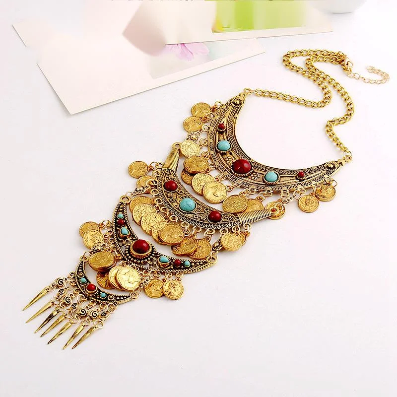 Fashionable Retro Ethnic Style Exaggerated Alloy Electroplating Bohemian Turquoise Wings Tassel Necklace_voghion.com