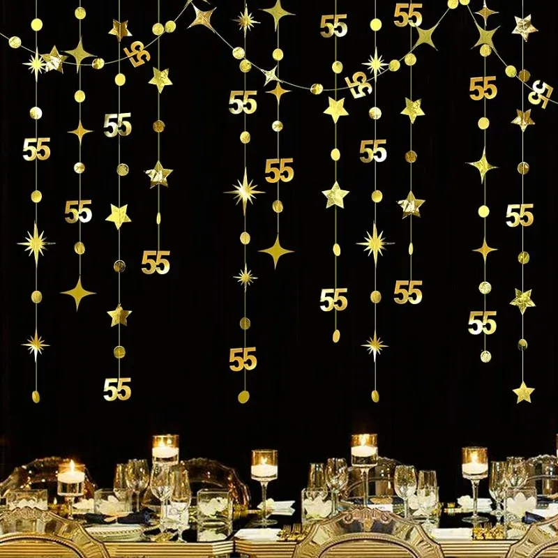 

Gold 55th Birthday Decorations Number 55 Circle Dot Star Garland Metallic Hanging Streamer for 55th Anniversary Party Supplies
