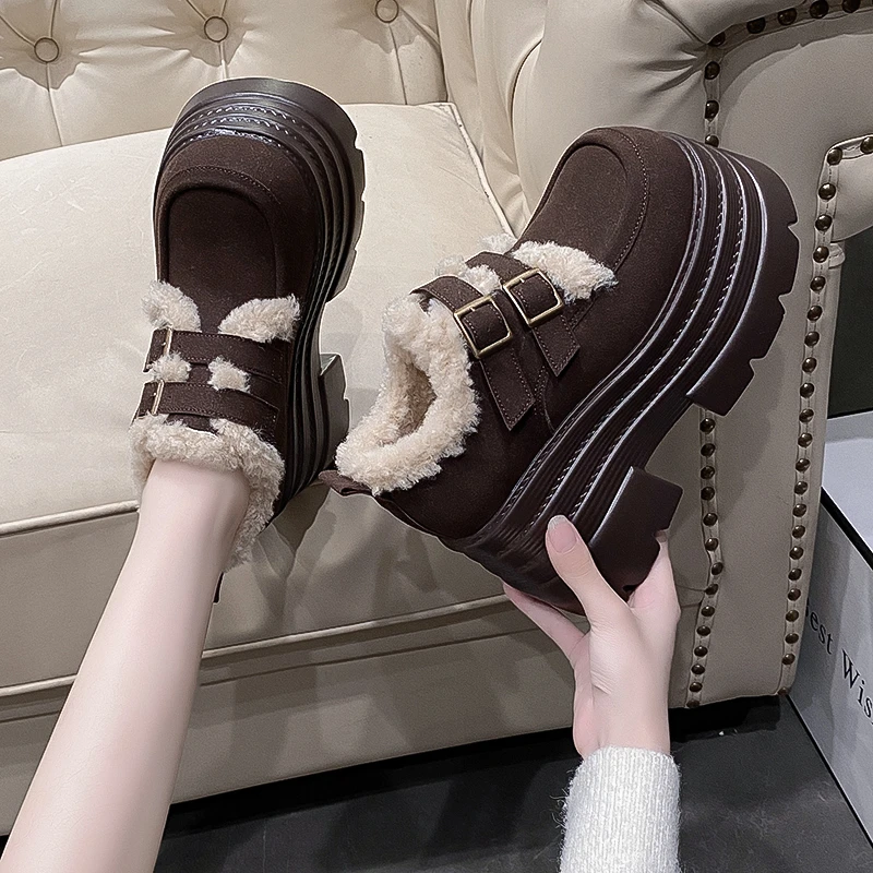 Aphixta Women 10cm Platform Winter Boots Camel Hook Loop Furry Warm Women Shoes Thick Botton Sole Boot Cow Suede Casual Footwear