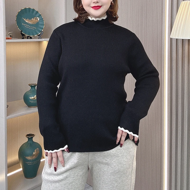 Plus Size Women's Knitted Sweater Autumn Winter Loose Mock Neck Block Color Thick Pullover Jumper 6667