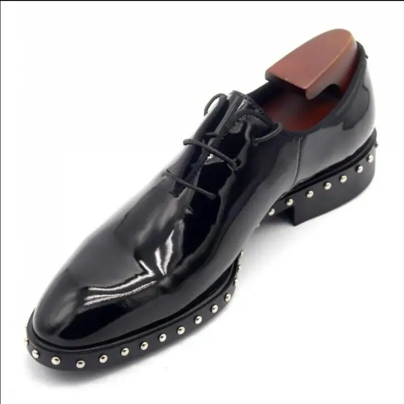 Handmade Genuine Leather Black Rivets Men Shoes Fashion Lace up Cow Male Wedding Dress Shoe