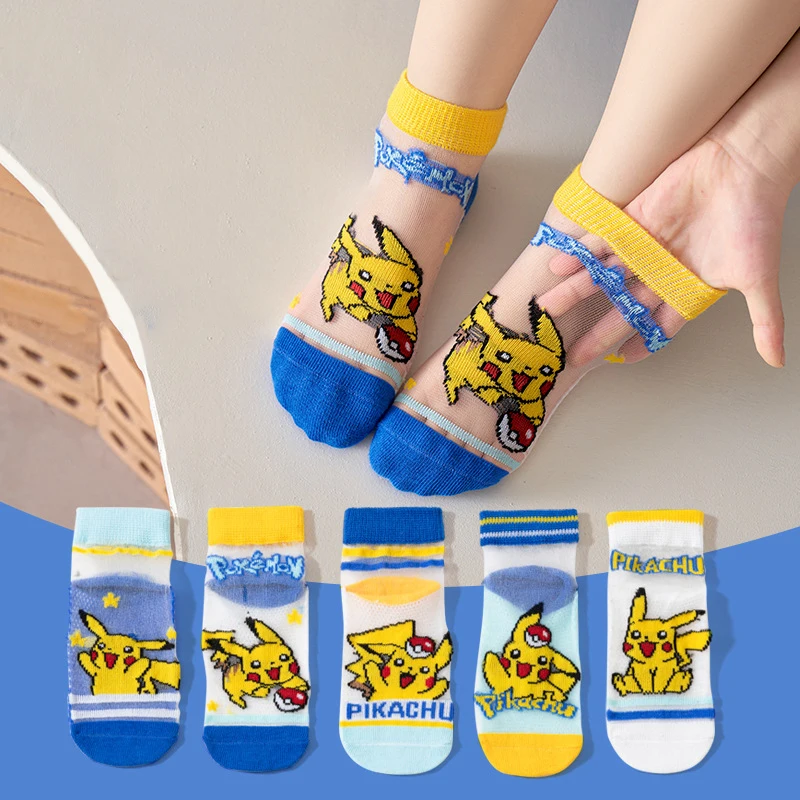 5pcs Pokemon Pikachu Ice Silk Socks Kawaii Anime Figure Summer Breathable  Sweat Absorption Children Thin Grid Cotton Sock Gifts - AliExpress