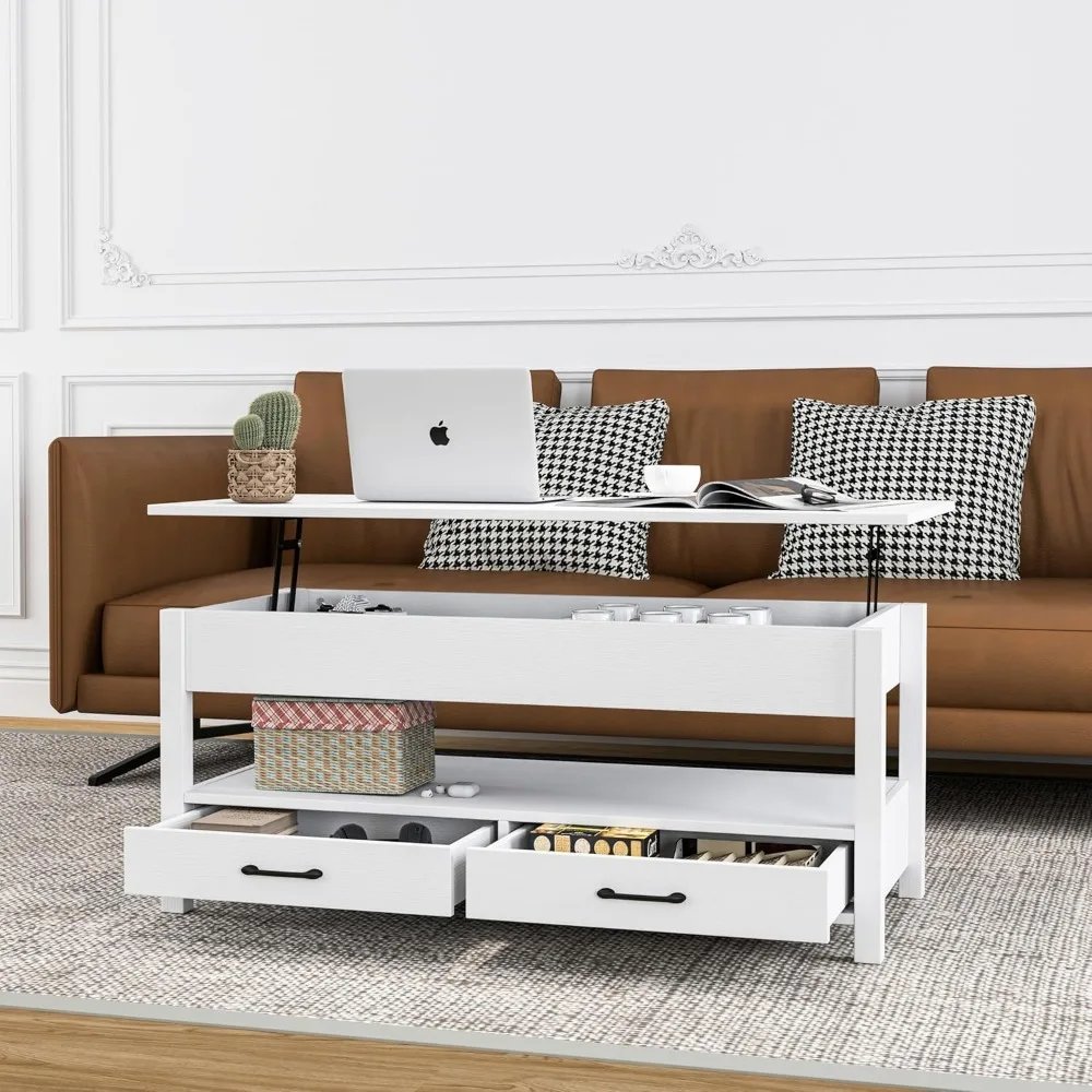 Lift Top Coffee Table with Hidden Compartment, 2 Drawers and 1 Open Shelf, Central Wooden Table Lift Tabletop for Living Room 5