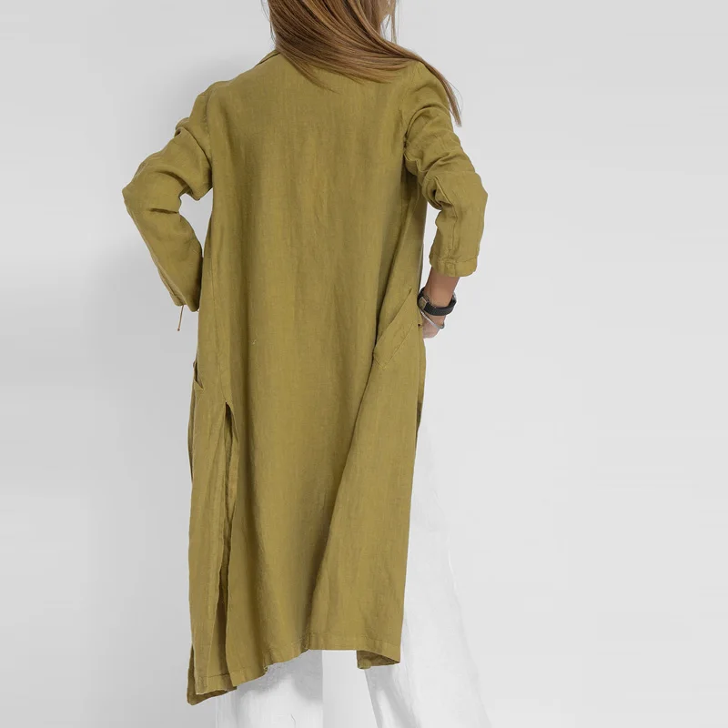 Chaqueta de lino y algodón para mujer, abrigo con cuello y bolsillos, de moda, de una sola fila y dos botones, color liso, para oficina, otoño 2023_voghion.com