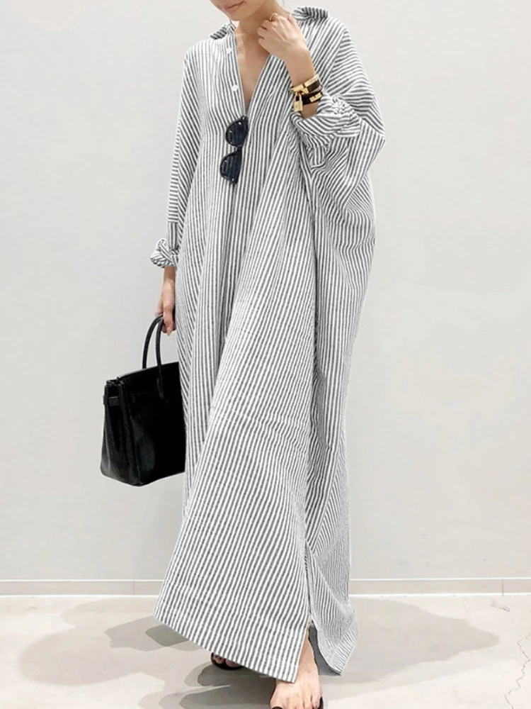 

Summer Dress Cotton Linen Striped Cardigan Shirt Dress Women Muslim Loose Large Casual Temperament Irregular Long Vestidos 2022