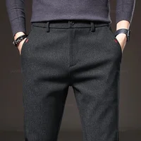 Spring Autumn Men's Casual Pants Business Fashion Elastic Waist Slim Fit Stretch Thick Gray Black Cotton Trousers Male 1