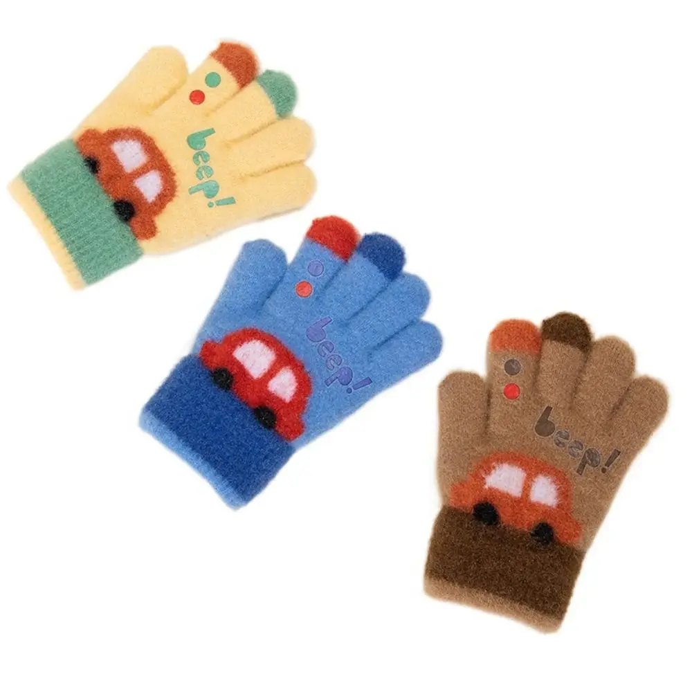 Cartoon Car 3-6 Years Old Winter Knitted Gloves Elastic Warm Five-finger Gloves Thickend Fashion Kids Gloves Boys