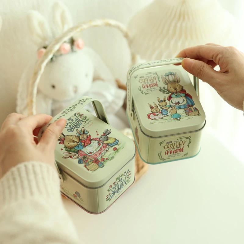 Candy Box Cartoon Rabbit Pattern Good Sealing Con Manico Regalo Vintage Che Offre Lattine Regalo Per Biscotti Pasquali Portatili Per Le Vacanze