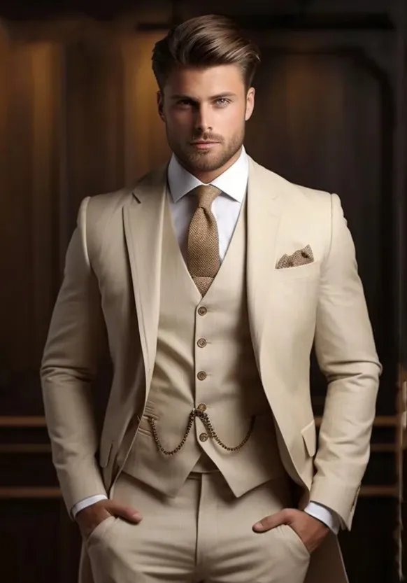 3 Piece Fashion Beige Suits Men Formal Party Business Blazer Shawl Lapel Wedding Groom Tuxedo Jacket Vest Pants Costume Homme formal suit business men clothing