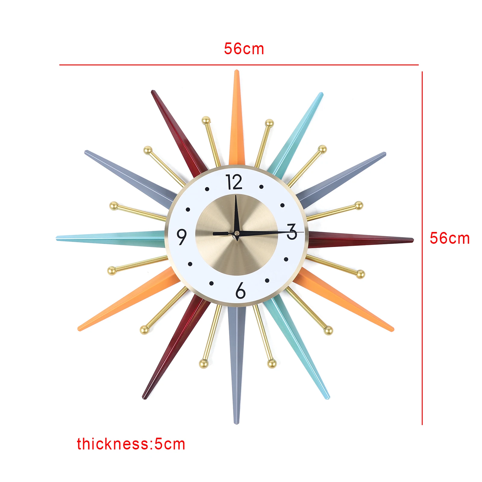 The Sunburst Wall Clock features gold accents and a white face for atomic age charm. Measuring 56cm wide and 5cm thick, this colorful clock is a striking way to add mid-century style to any room.