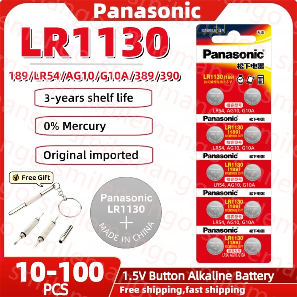 10-100 Pz Panasonic Batteria Alcalina A Bottone 189 Lr1130 Ag10 Sr1130 389 Lr54 Sr54 1.5V Per Orologio Calcolatrice Giocattolo Termometro