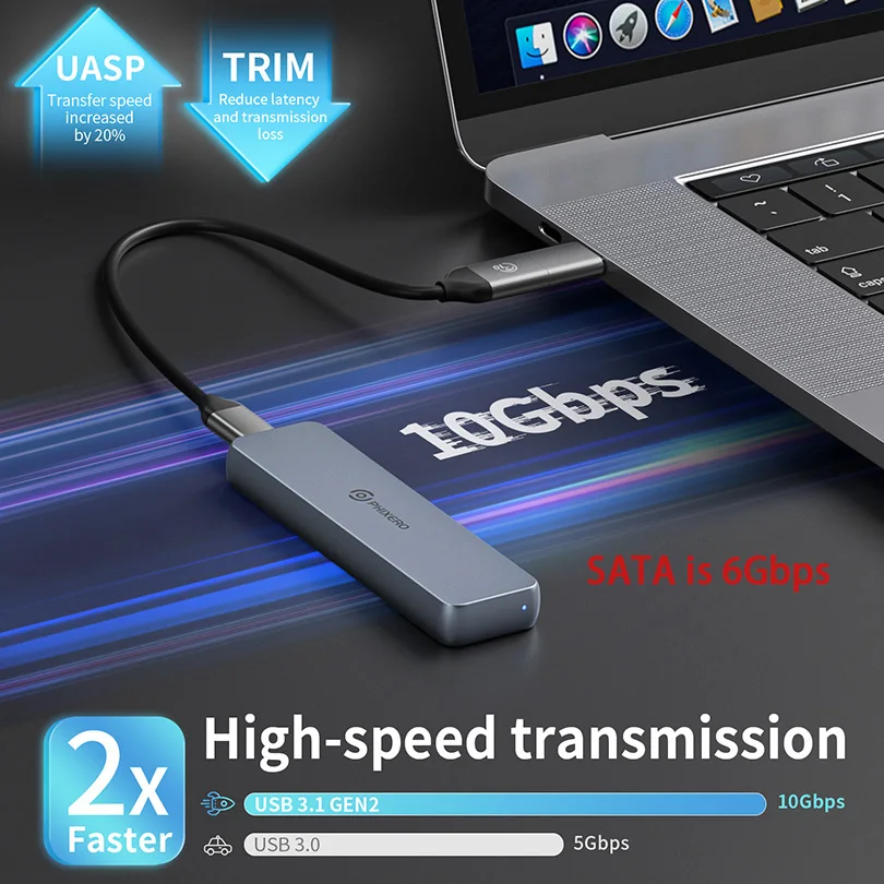 Phixero-usb 3.2 M.2 Nvme Ssd Case 20gbps Colete de Resfriamento Embutido Atualizado Alumínio tipo c m2 Nvme Gabinete para pc Laptop - Imagem 2