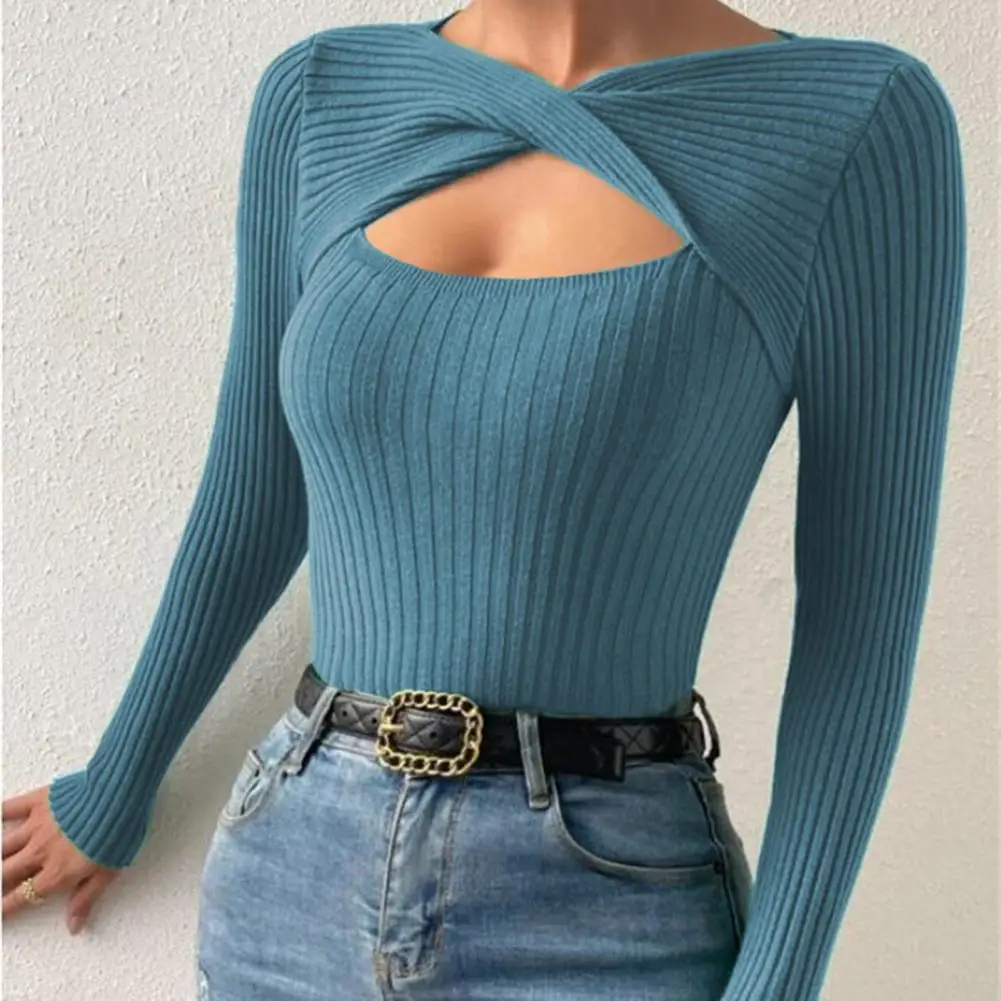 

Sexy Women Autumn Top Striped Texture Anti-pilling Spring Top Slim Fit Anti-shrink Spring Top Lady Garment