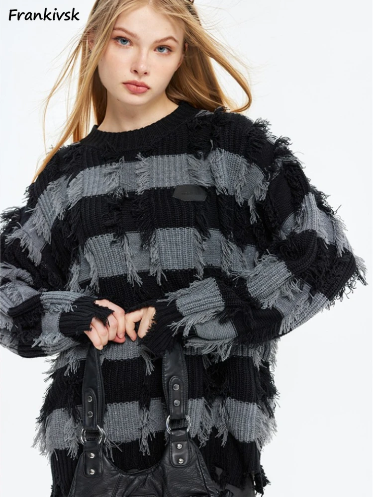 

Tassel Sweaters Women Hipster High Street Frayed American Style Retro Ins Unisex Baggy Striped Hotsweet Hip Hop Fashion Autumn