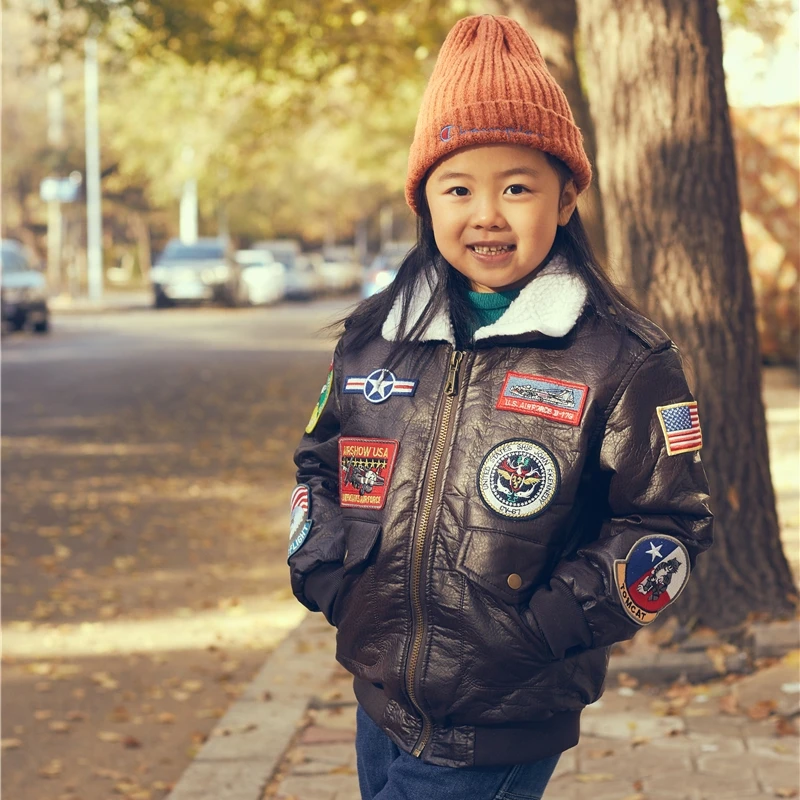2-12 years old 2019 winter PU leather A2 bomber flight jacket baby girl clothes  boy kids girls coat vintage Outerwear pilot 4