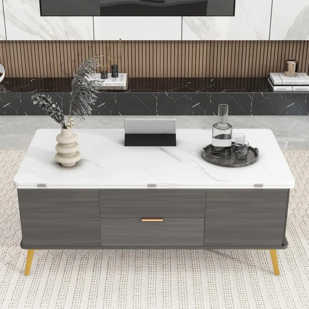 Coffee Table, Modern Lift Top Coffee Table with 4 Drawers, Open Shelves & Hidden Compartment, Convertible Dining Table 2