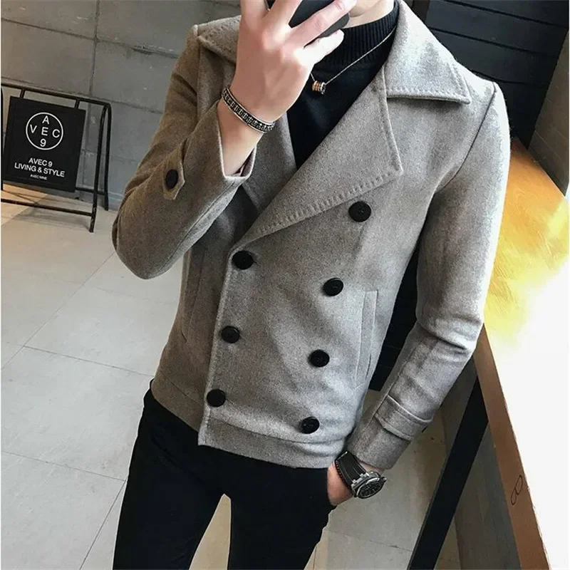2023 New Fashion Men Double-Breasted Windbreaker Solid Color Slim Short Woolen Coat Winter Casual Warm Windbreaker Coat Size 5XL 2