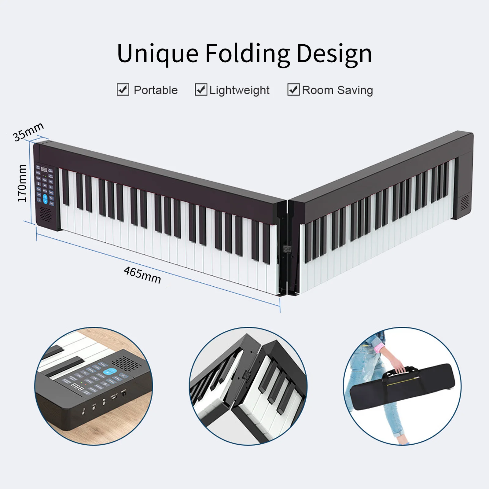 61-Key Foldable Electronic Piano Folding 61 Keys Sensitive Piano Keyboard with Bag/Sustain Pedal Rechargeable