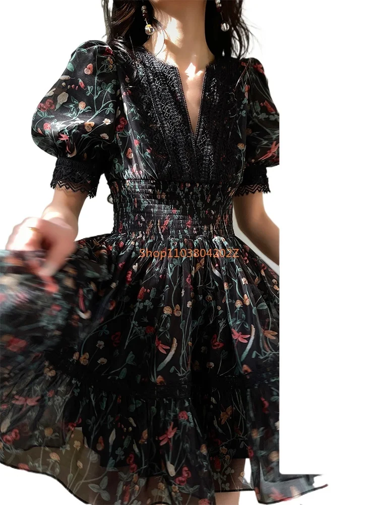 

Night Rose, French Retro Printed Dress V-Neck Lace Waist Skinny Tea Break Dress