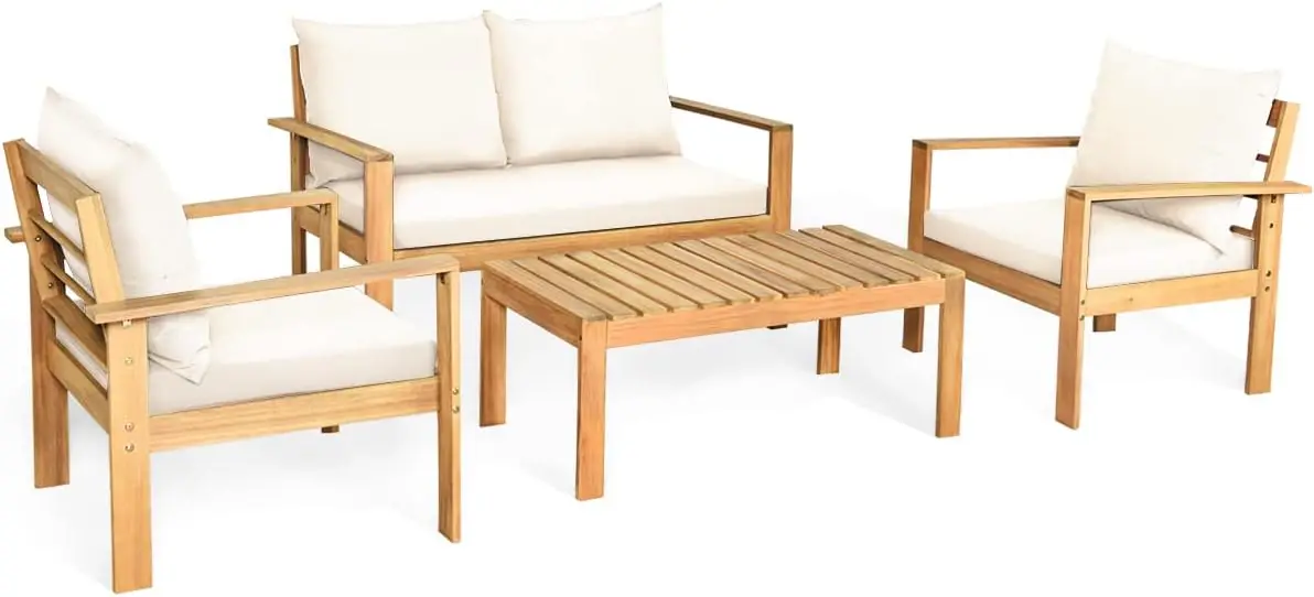 4 Piece Patio Furniture Set Outdoor Conversation Set Wood Sofa Table Set with Cushions, Acacia Wood Chairs & Coffee Table Set