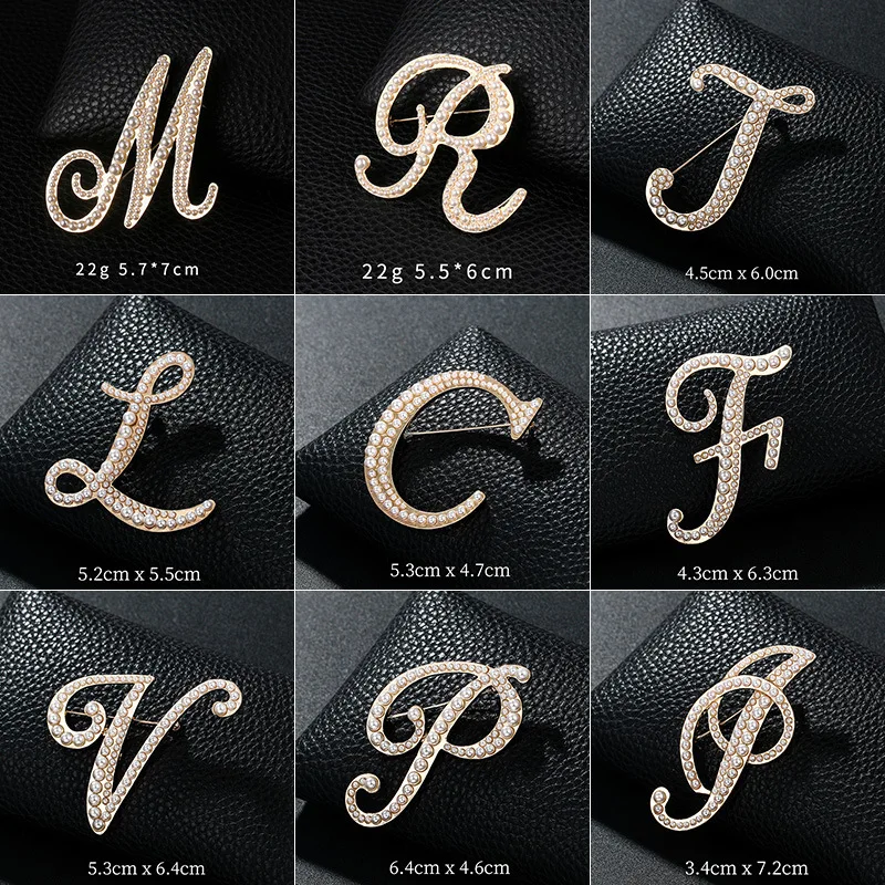 Initial Letter Brooch Pins A-Z - Gold & Silver Rhinestone Monogram Pins For Women & Men