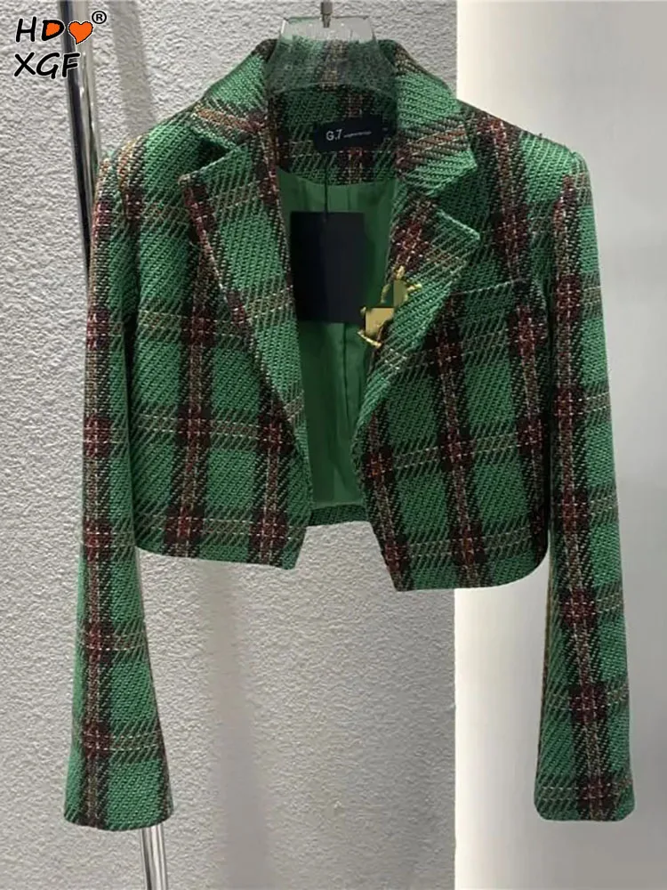 

Женская твидовая куртка в клетку, Классическая винтажная куртка с отворотами, Элегантный дизайнерский пиджак, офисный Топ с длинным рукавом