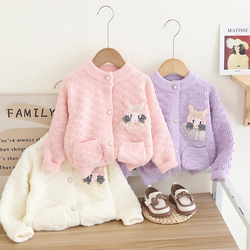 

Girls Knitted Sweaters Coats Spring Autumn 2024 Children Woolen Jersey Jackets For Baby Cute Outerwear Kids Tops Clothes Toddler