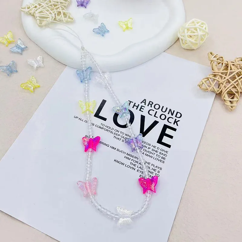 Sweet Flower Beaded Phone Chain Lanyard for Women Fashion Colorful Butterfly Cellphone Case Wrist Band Jewelry Accessories phone chain accessories