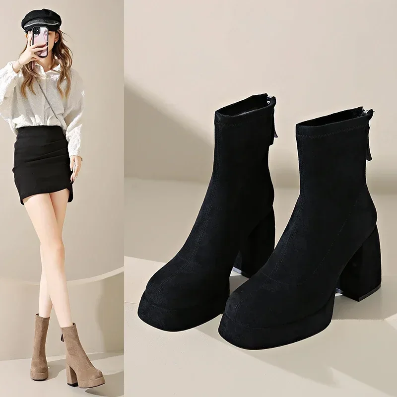 2024 Women's Fashion High-heeled Boots Winter New British Style Soft Sole Anti-slippery Catwalk Versatile Keep Warm Leather Shoe