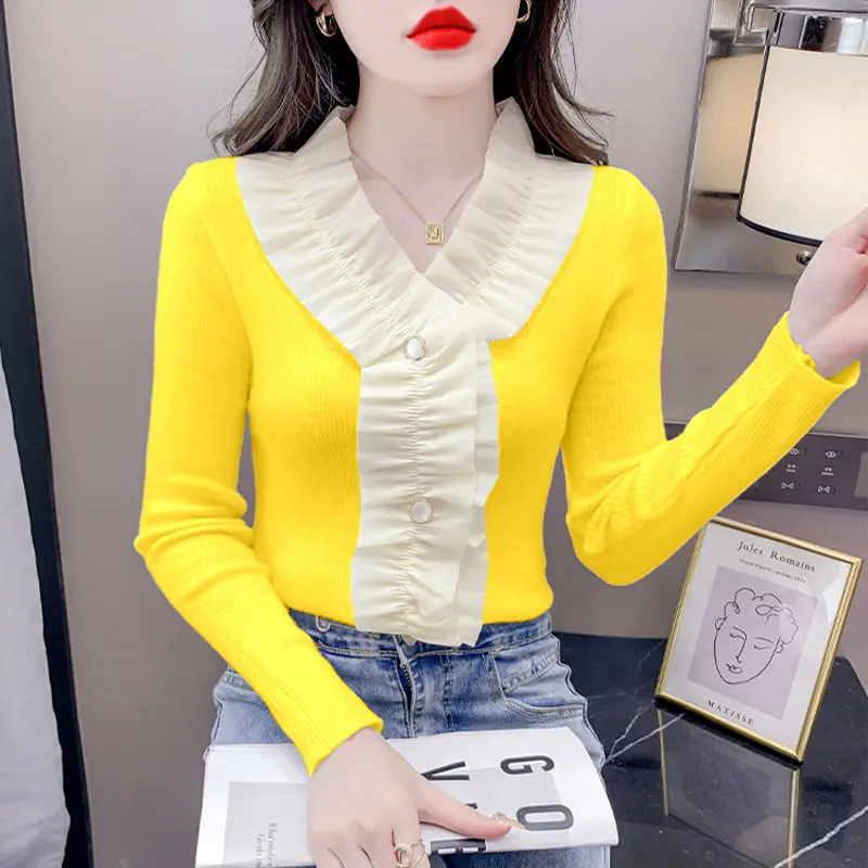 

Stylish Ruffles Patchwork Blouse V-Neck Button Female Clothing Slim Long Sleeve Commute Spring Autumn Casual Solid Color Shirt
