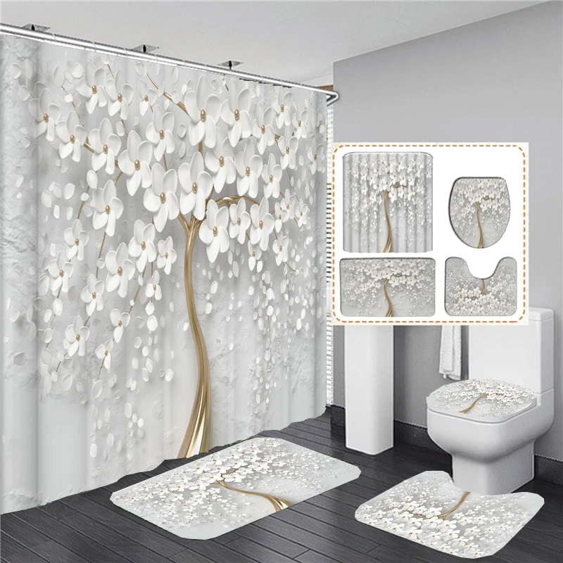 3D Style Shower Curtain Bathroom Curtain with Bath Rug Carpet Set Floral Home Decor Elegant Bouquet of Flowers