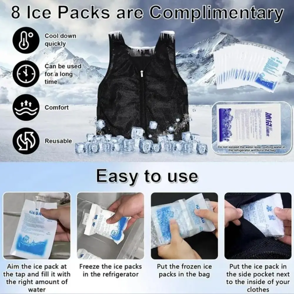 8개의 아이스 팩이 포함된 아이스 쿨링 조끼 방수 조절 가능한 야외 작업 조끼 다기능 편리한 야외 러닝 조끼