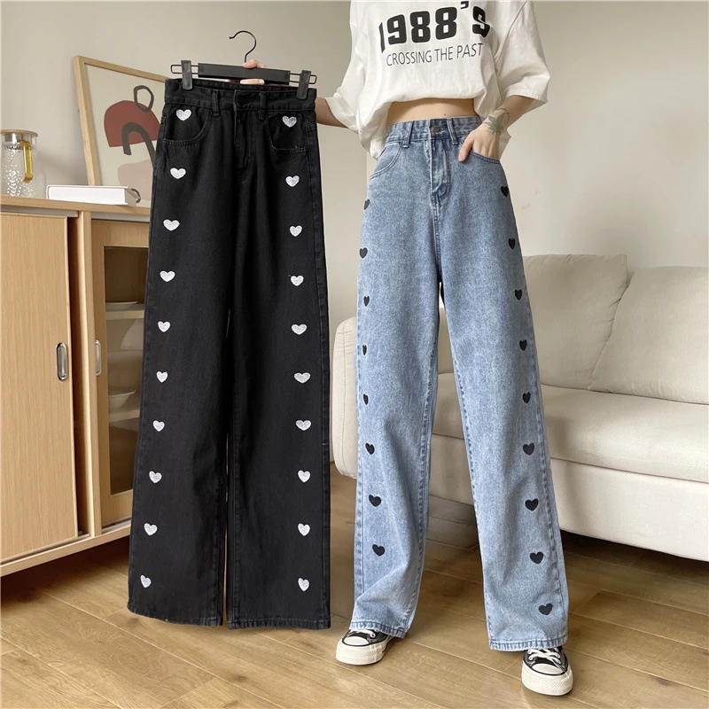 Women's Jeans Button High Waisted Jeans for Women Y2k Trousers for Girls Wide Leg Jeans Long Pants High Waist Embroidered Heart buckle jeans